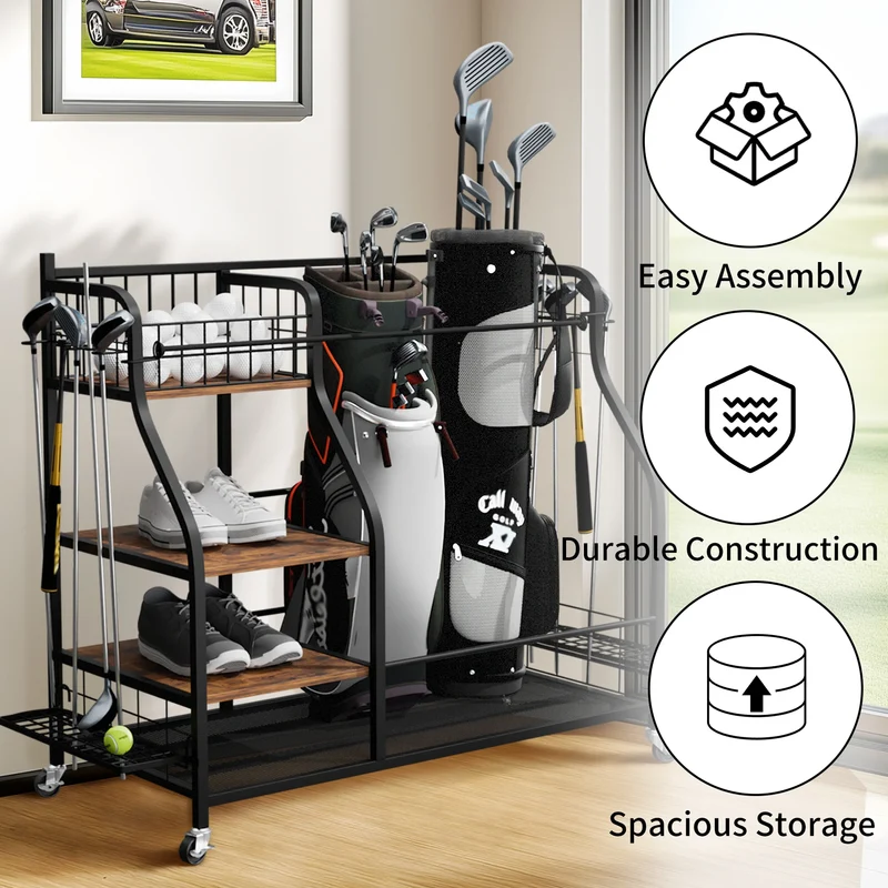 Rolling Metal Three Tier Storage Rack for Golf Bags