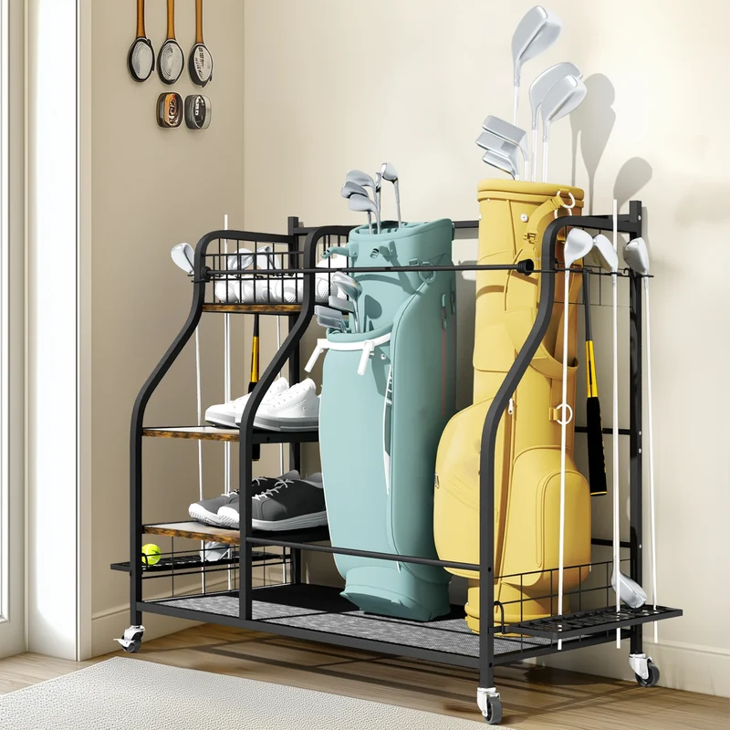 Rolling Metal Three Tier Storage Rack for Golf Bags