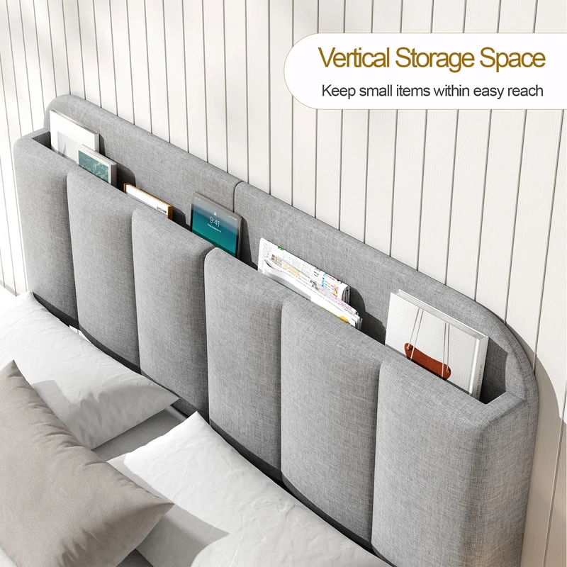 Onbrill Adjustable Linen Headboard With Integrated LED Lighting And Storage