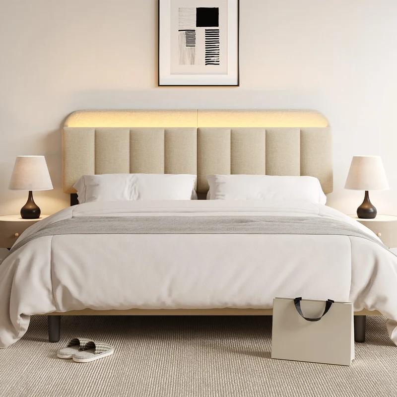 Onbrill Adjustable Linen Headboard With Integrated LED Lighting And Storage