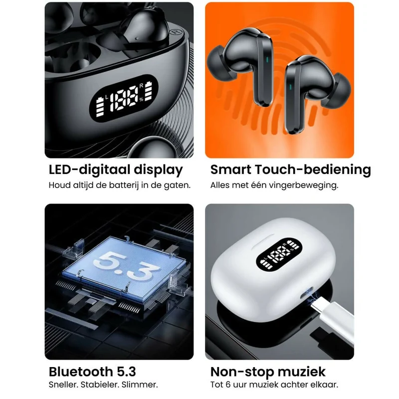 True Wireless in-ear hoofdtelefoon / Bluetooth 5.3 / 55 uur batterijduur / IPX5 waterdicht / LED-display / Voor sport, gaming en dagelijks gebruik