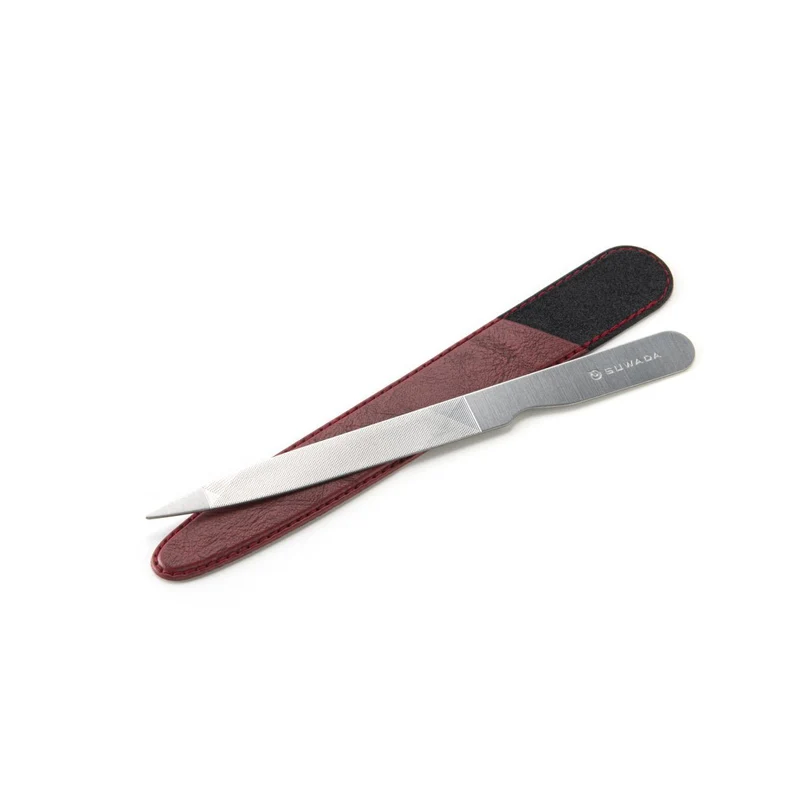 Long Stainless Steel Nail File - Red Leather Sheath