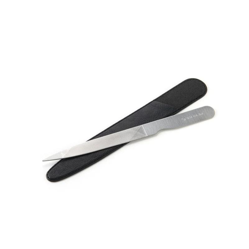 Long Stainless Steel Nail File - Black Leather Sheath