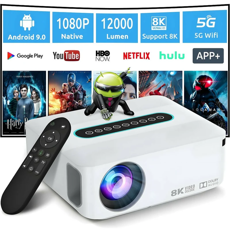 Beamer met 4K & 8K-ondersteuning, 5G wifi, bluetooth, 1080P HD, meer dan 8000 apps, Dolby-geluid